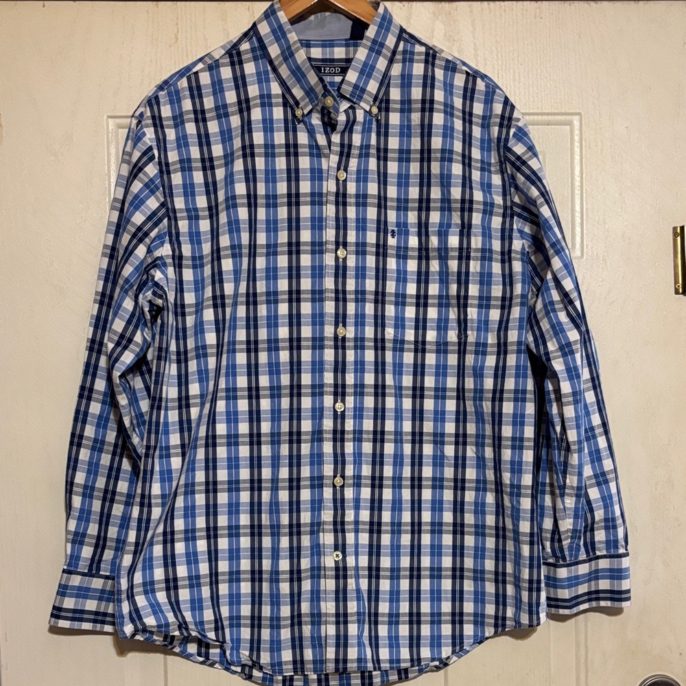 Izod Men's Blue and White Plaid Button‎ Down Shirt